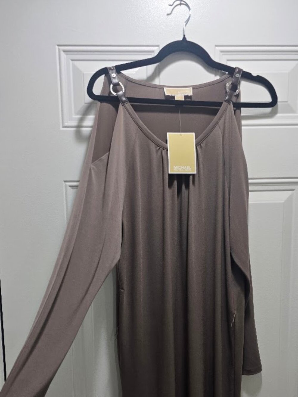 MICHAEL Michael Kors Women Olive Green Cold Shoulder Dress Leather Trim M NWT